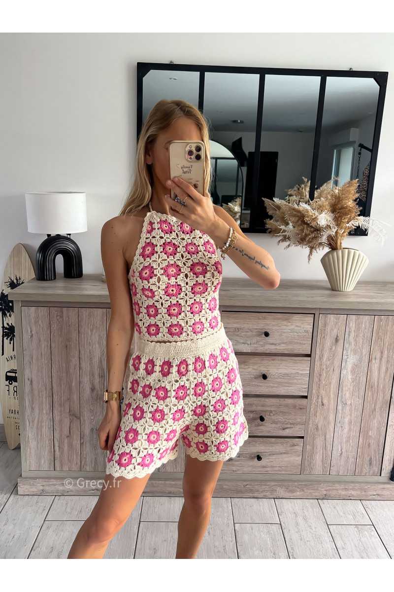 short crochet beige rose maille look mode tendance grecy