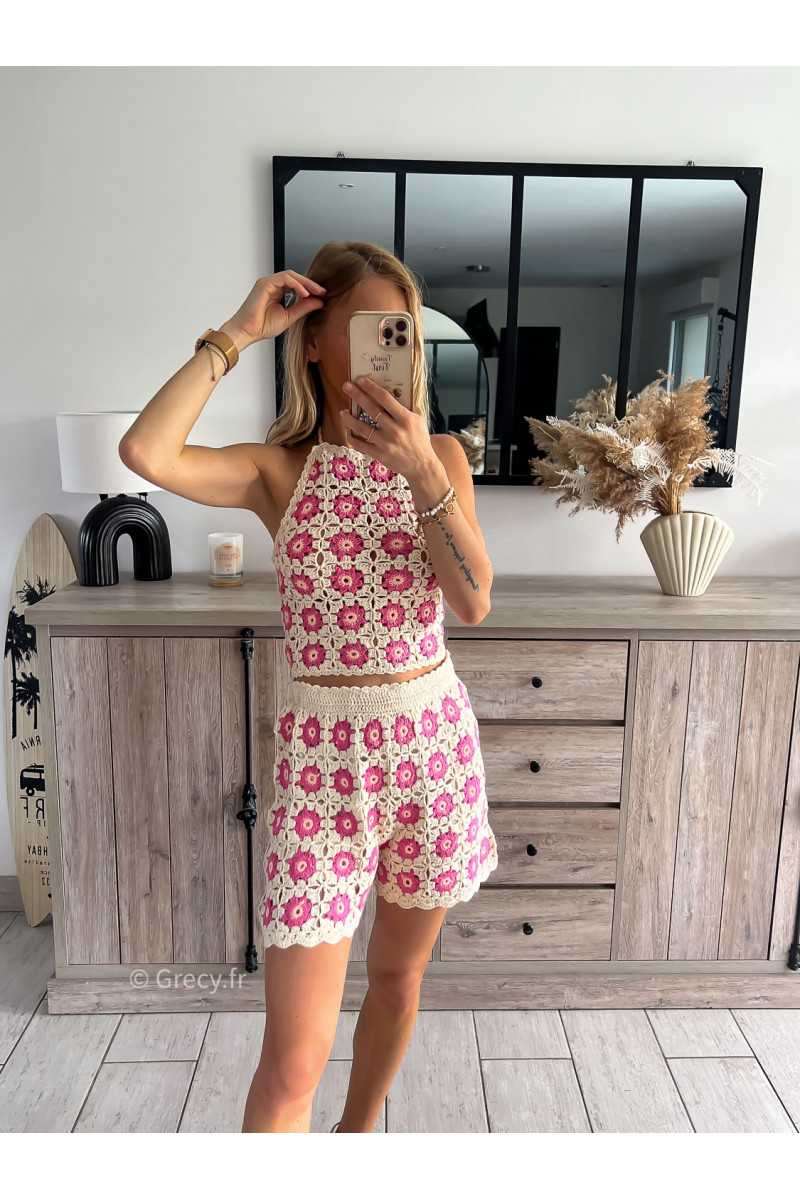 short crochet beige rose maille look mode tendance grecy