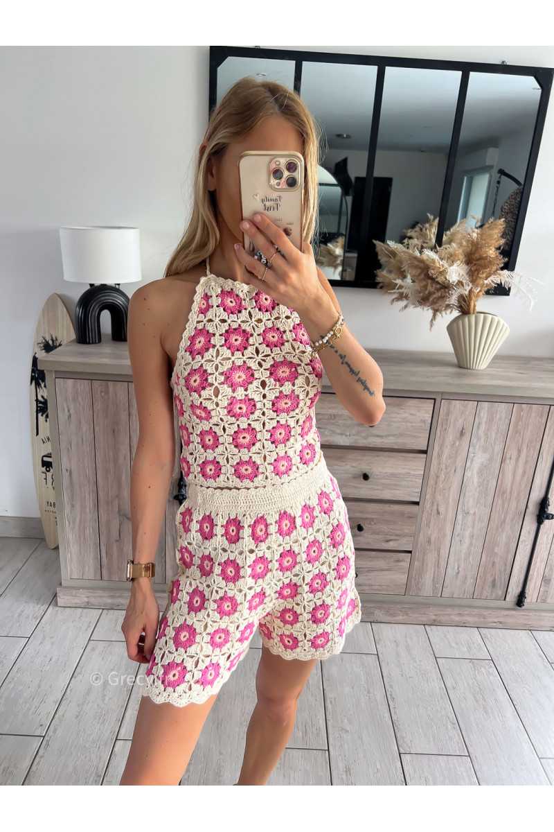 top débardeur fleuri crochet beige rose maille look mode tendance grecy