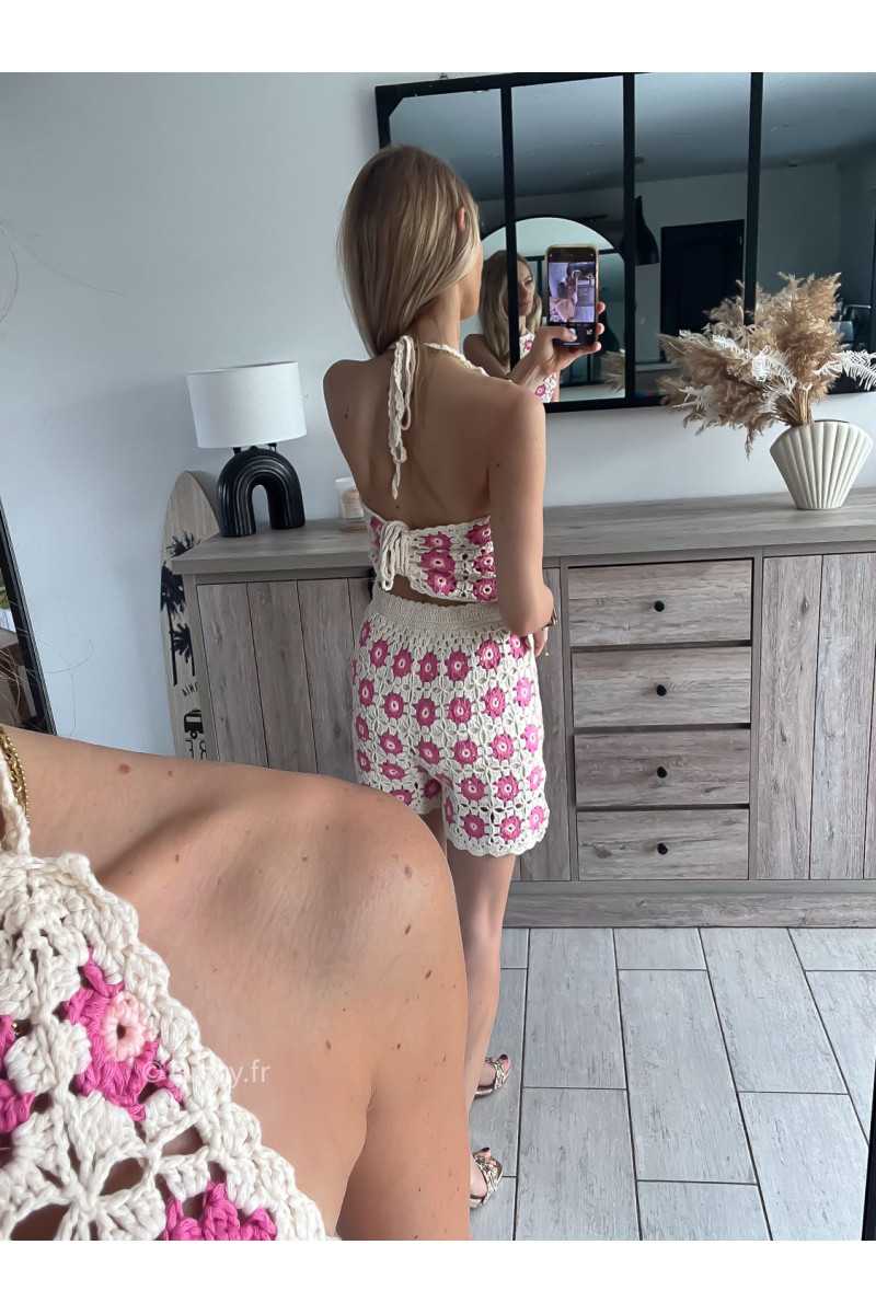 top débardeur fleuri crochet beige rose maille look mode tendance grecy