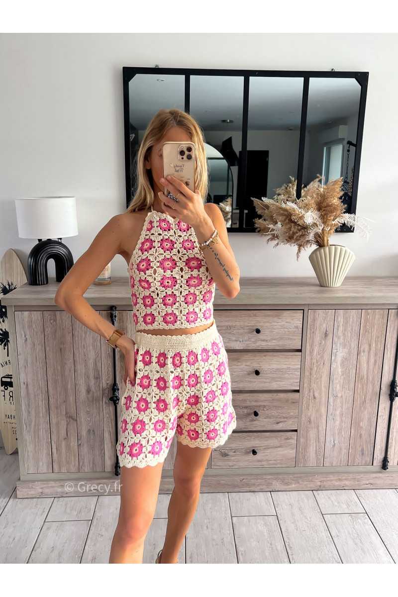 top débardeur fleuri crochet beige rose maille look mode tendance grecy