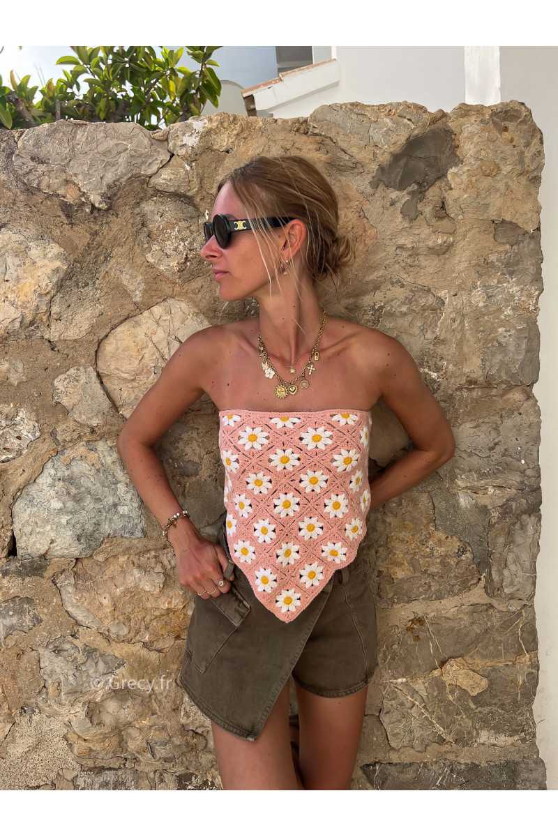 top crochet fleuri rose bustier triangle bandana rose look mode tendance grecy