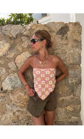 top crochet fleuri rose bustier triangle bandana rose look mode tendance grecy
