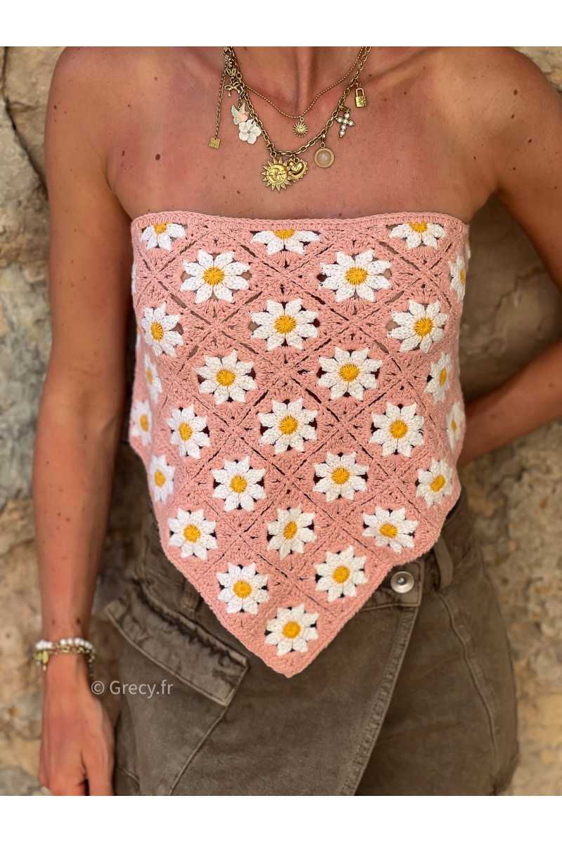 top crochet fleuri rose bustier triangle bandana rose look mode tendance grecy