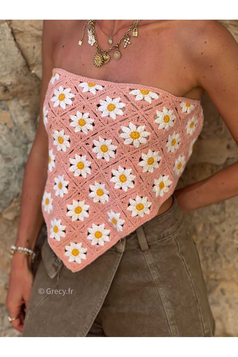 top crochet fleuri rose bustier triangle bandana rose look mode tendance grecy
