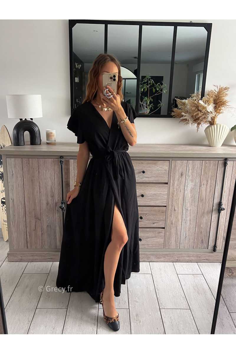 robe longue noire fendue manches courtes chic tendance automne rentrée 2024 style mode ootd grecy