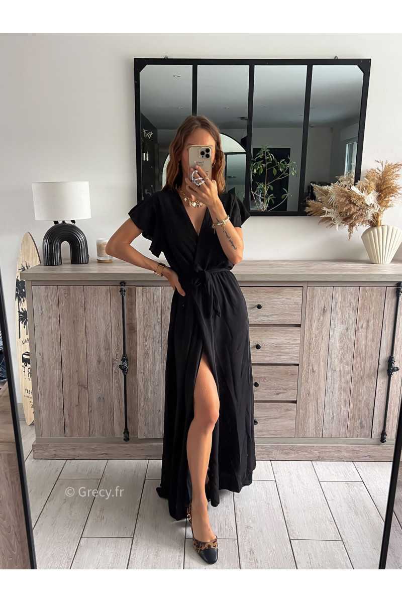 robe longue noire fendue manches courtes chic tendance automne rentrée 2024 style mode ootd grecy