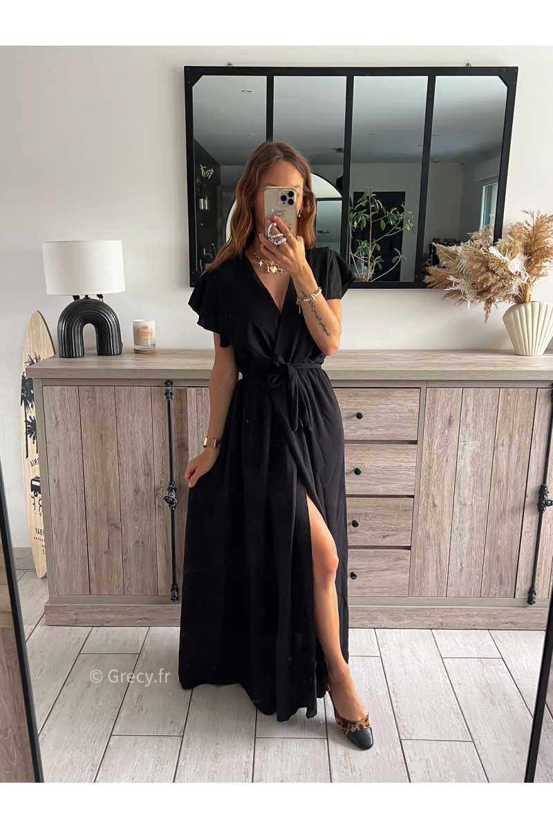 robe longue noire fendue manches courtes chic tendance automne rentrée 2024 style mode ootd grecy