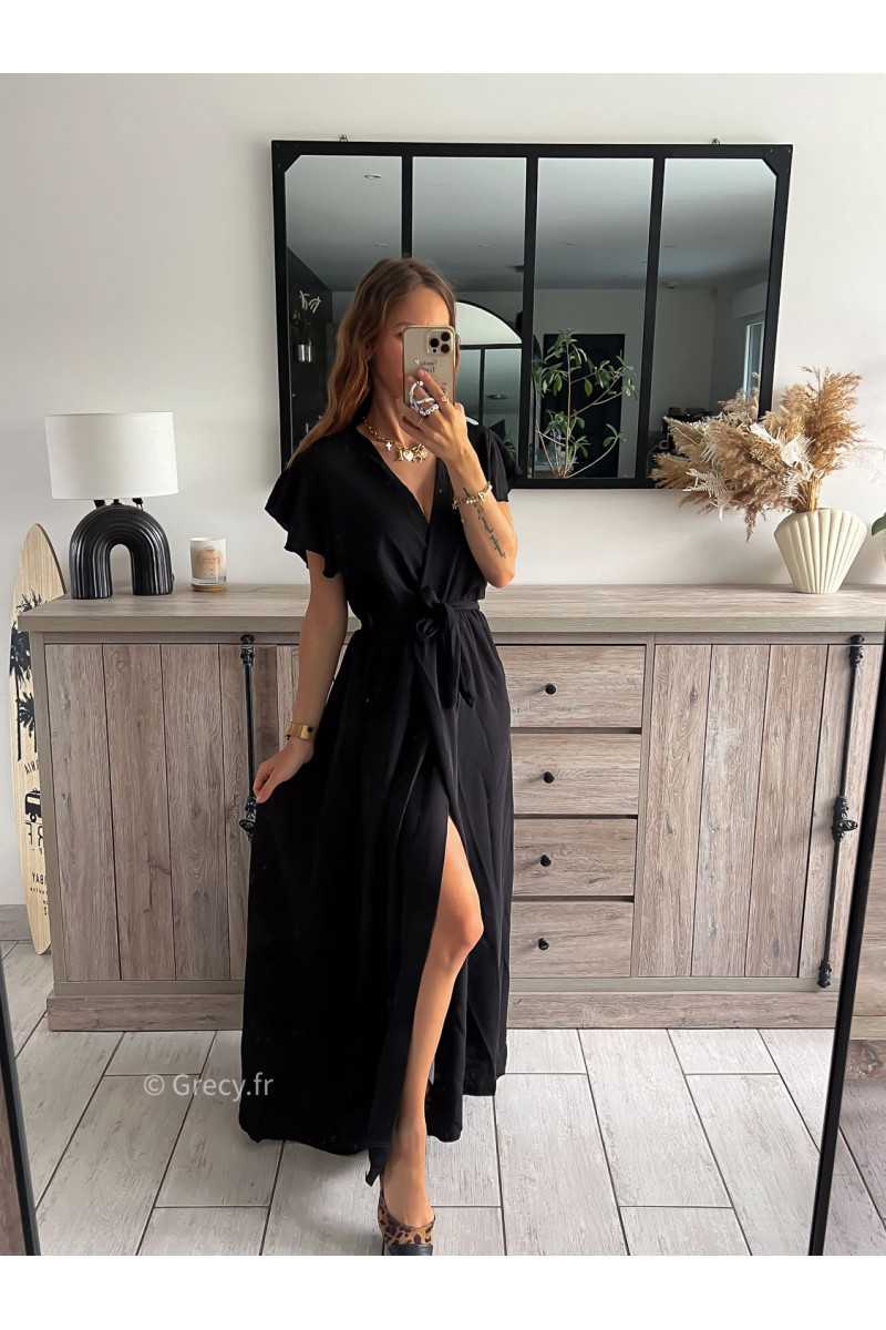 robe longue noire fendue manches courtes chic tendance automne rentrée 2024 style mode ootd grecy