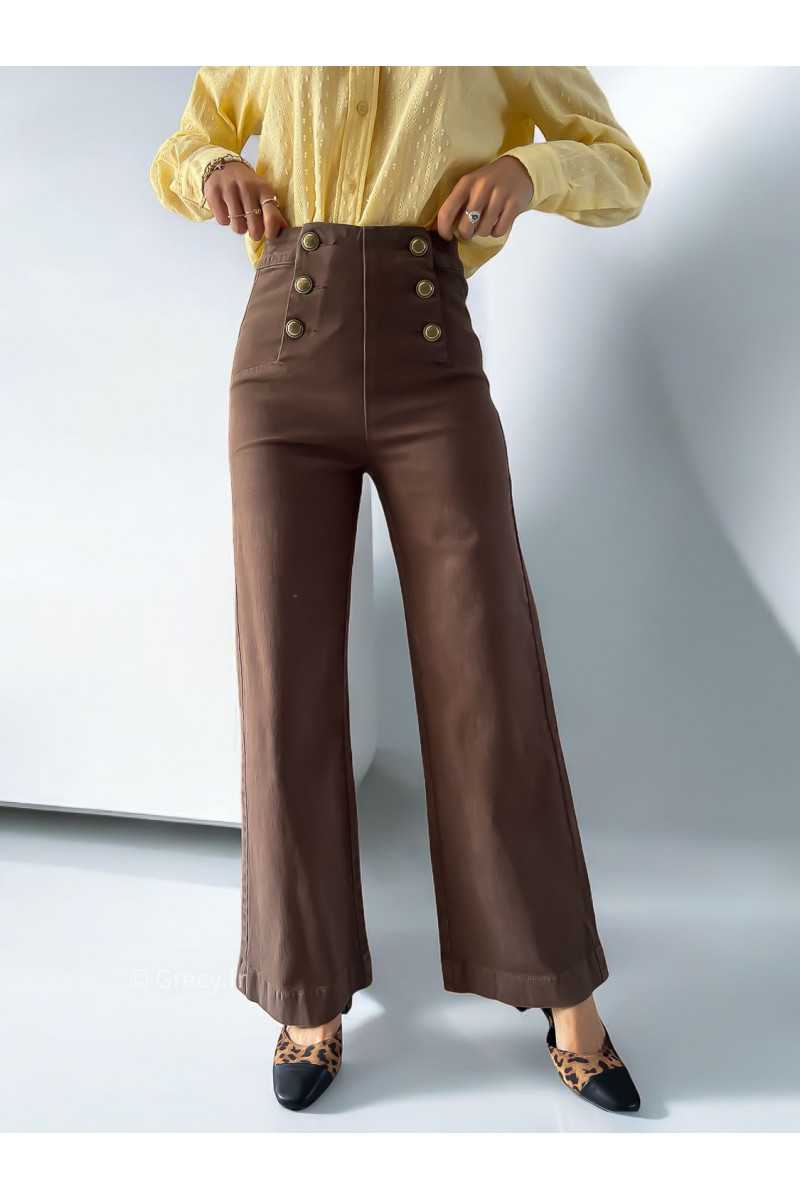 Jean marron ankle wide boutons dorés flare évasé taille haute tendance automne rentrée 2024 style mode ootd grecy