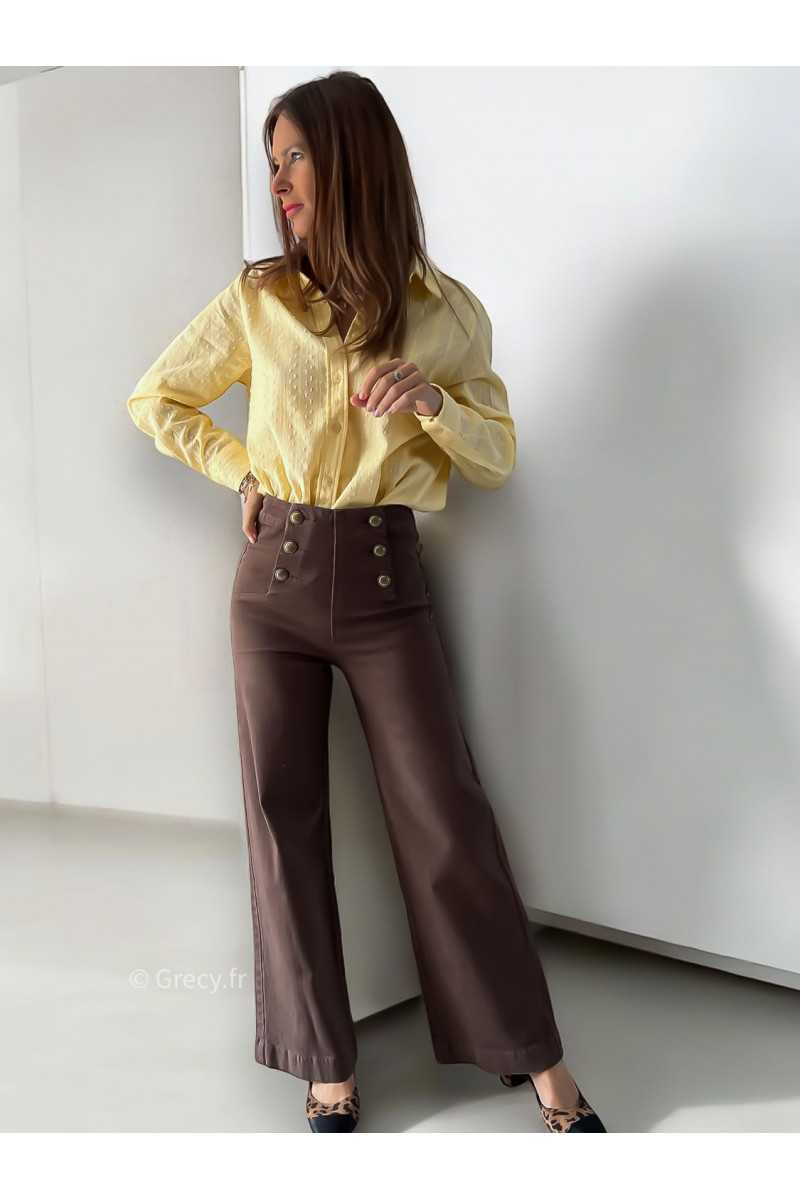 Jean marron ankle wide boutons dorés flare évasé taille haute tendance automne rentrée 2024 style mode ootd grecy