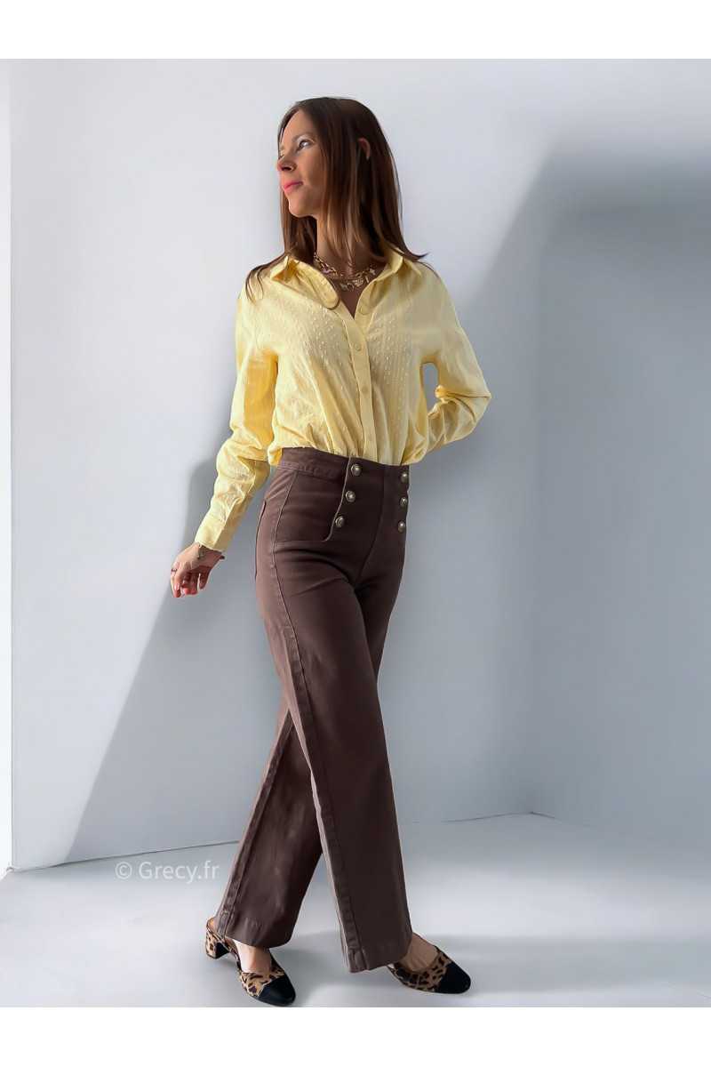 Jean marron ankle wide boutons dorés flare évasé taille haute tendance automne rentrée 2024 style mode ootd grecy
