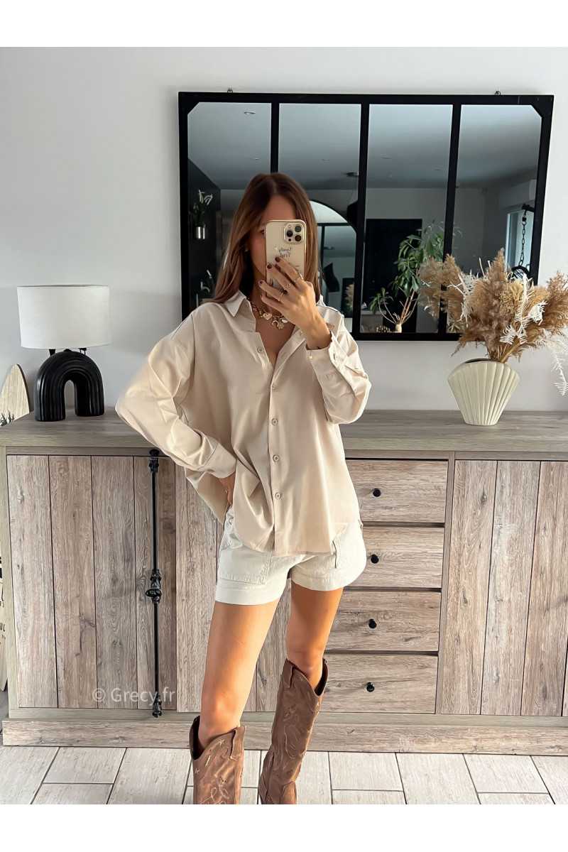 Chemise beige asymétrique satinée claire blanche écru chic grecy mode ootd tenue outfit look automne 2024