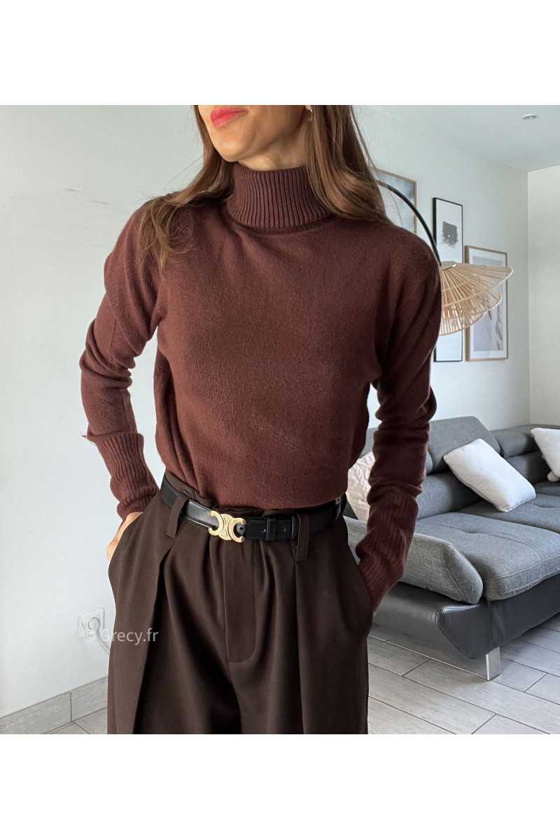 pull col roulé montant marron foncé chocolat doux qualité chic grecy mode ootd tenue outfit look automne 2024