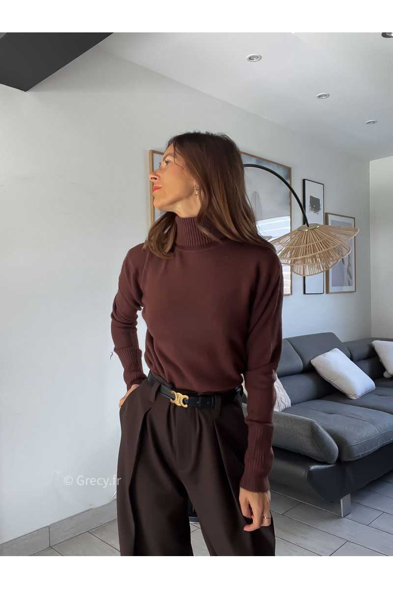 pull col roulé montant marron foncé chocolat doux qualité chic grecy mode ootd tenue outfit look automne 2024