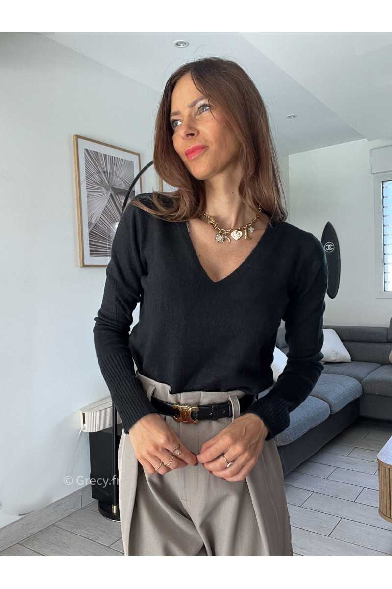 pull col v noir doux qualité chic grecy mode ootd tenue outfit look automne 2024