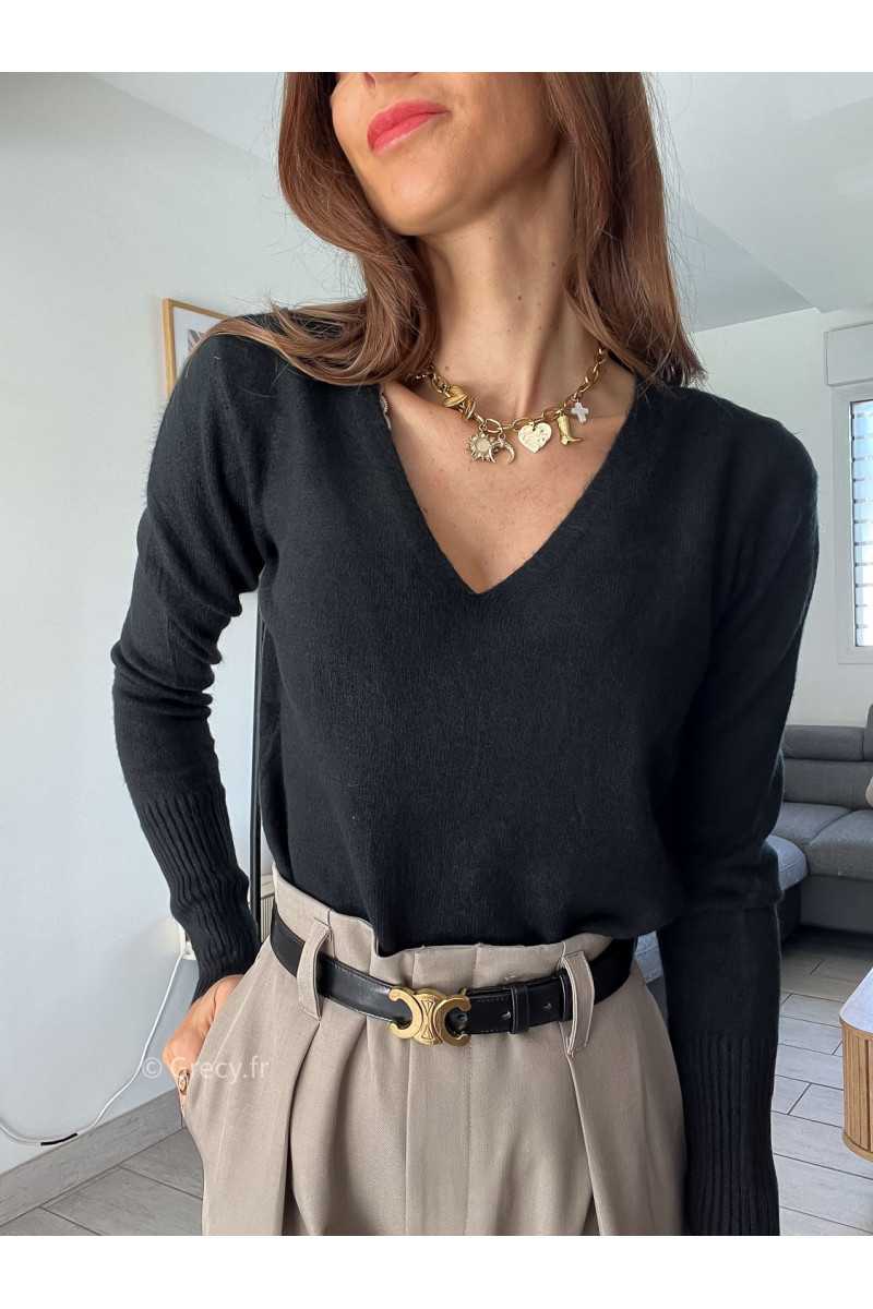 pull col v noir doux qualité chic grecy mode ootd tenue outfit look automne 2024
