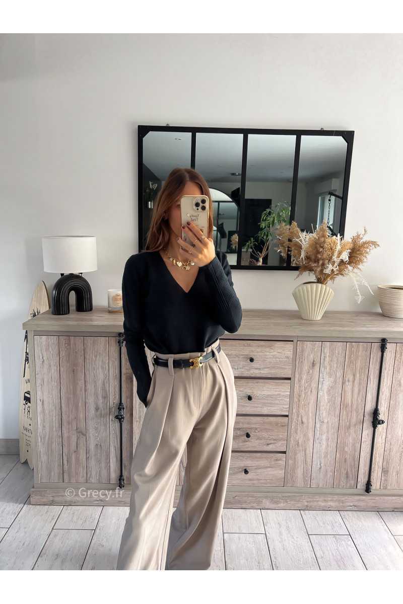 pull col v noir doux qualité chic grecy mode ootd tenue outfit look automne 2024