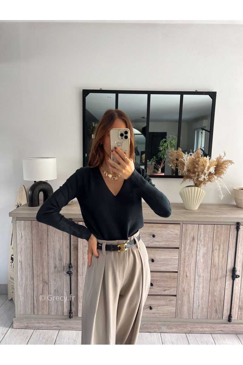 pull col v noir doux qualité chic grecy mode ootd tenue outfit look automne 2024