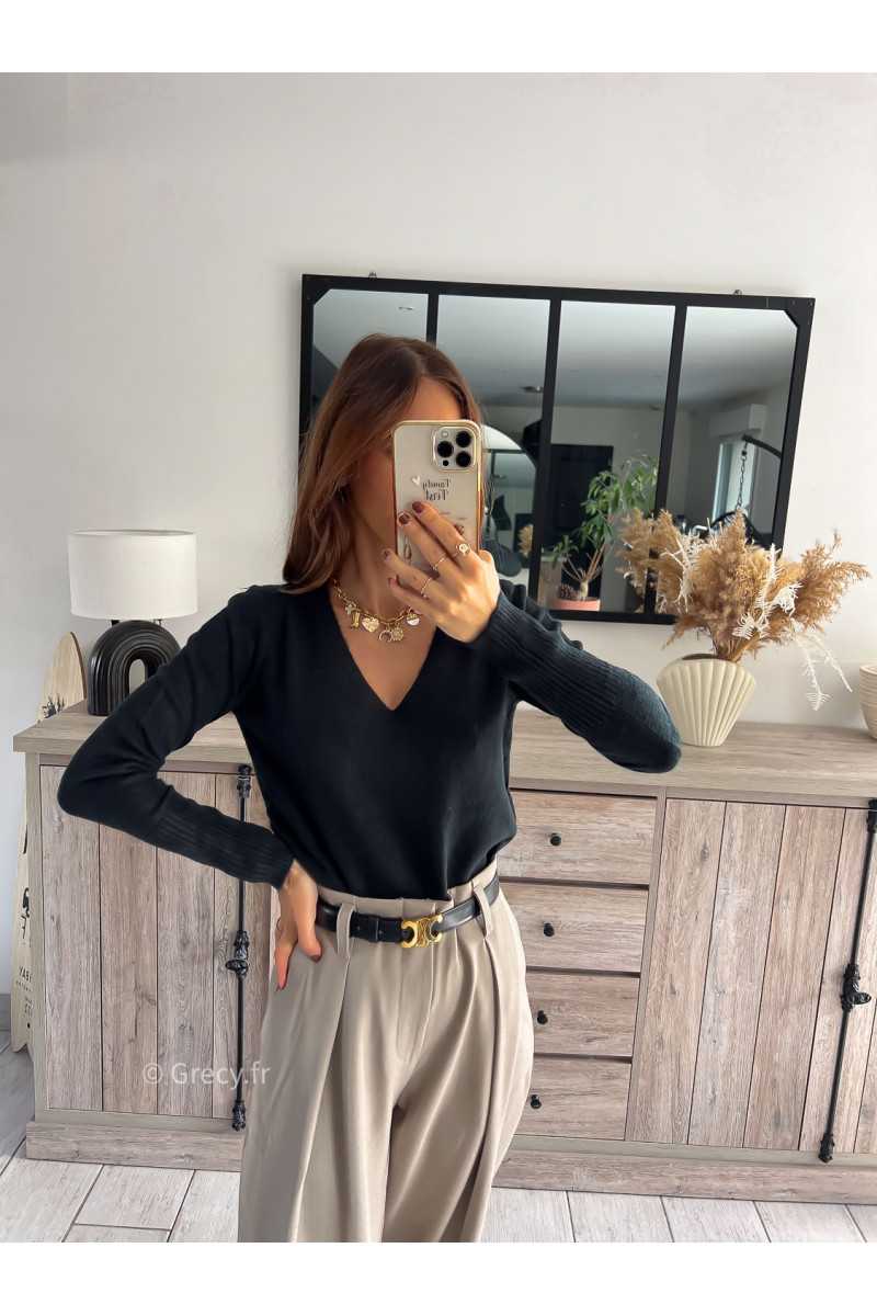 pull col v noir doux qualité chic grecy mode ootd tenue outfit look automne 2024