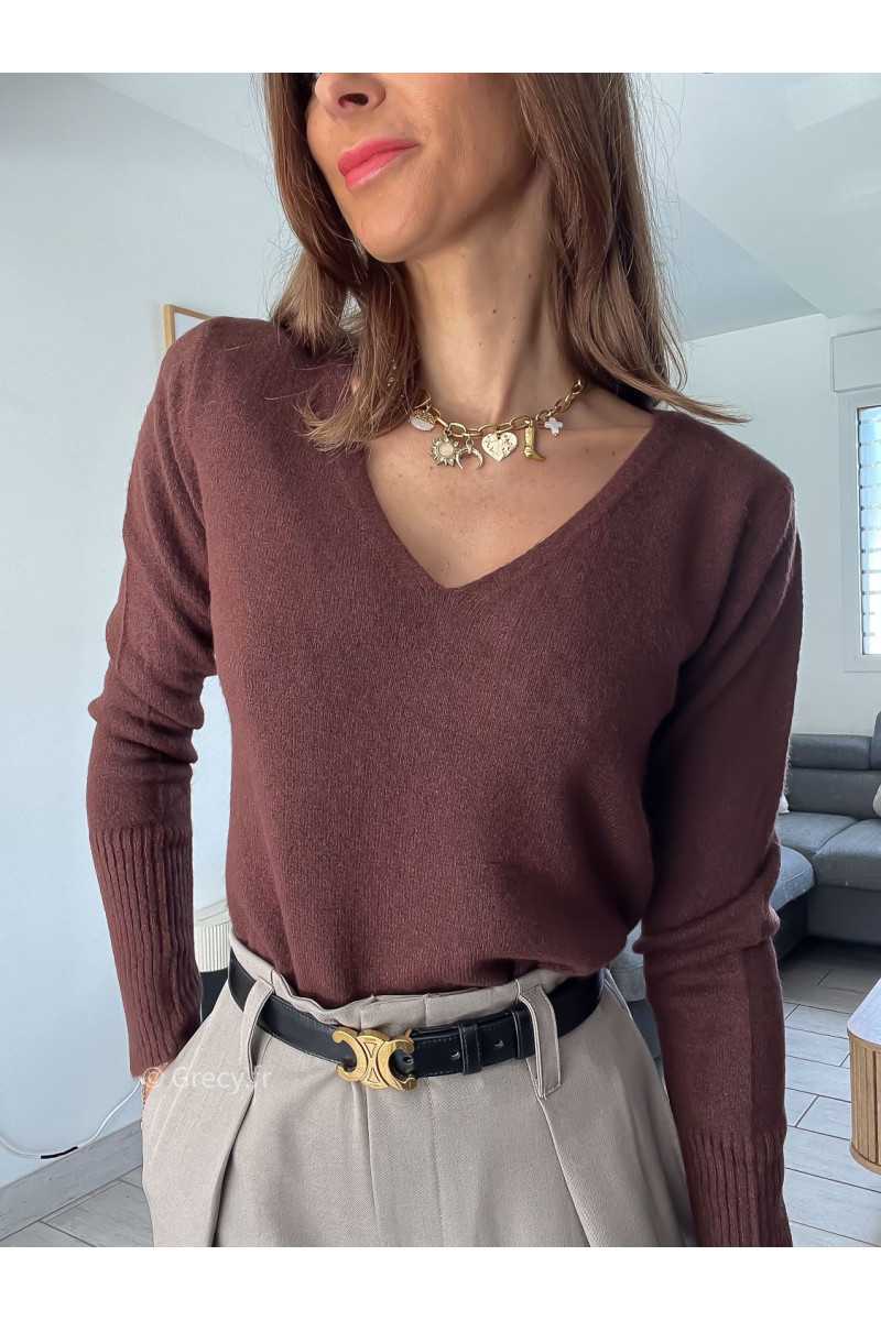 pull col v marron chocolat doux qualité chic grecy mode ootd tenue outfit look automne 2024