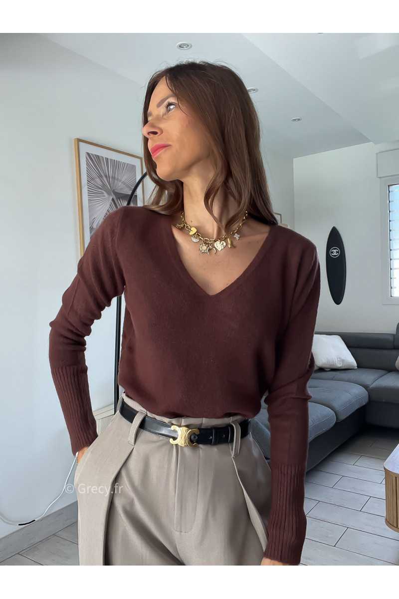 pull col v marron chocolat doux qualité chic grecy mode ootd tenue outfit look automne 2024