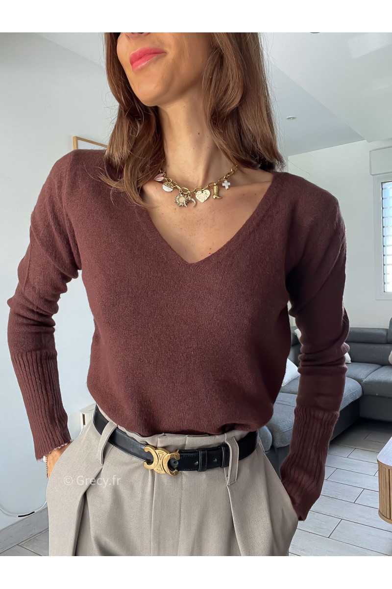 pull col v marron chocolat doux qualité chic grecy mode ootd tenue outfit look automne 2024