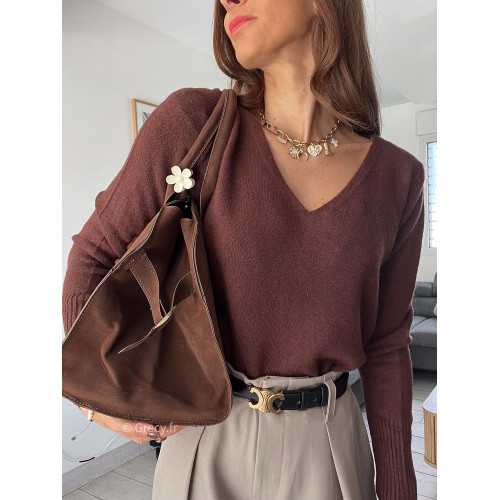 pull col v marron chocolat doux qualité chic grecy mode ootd tenue outfit look automne 2024