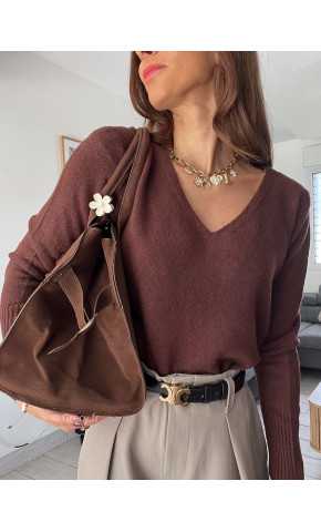 pull col v marron chocolat doux qualité chic grecy mode ootd tenue outfit look automne 2024