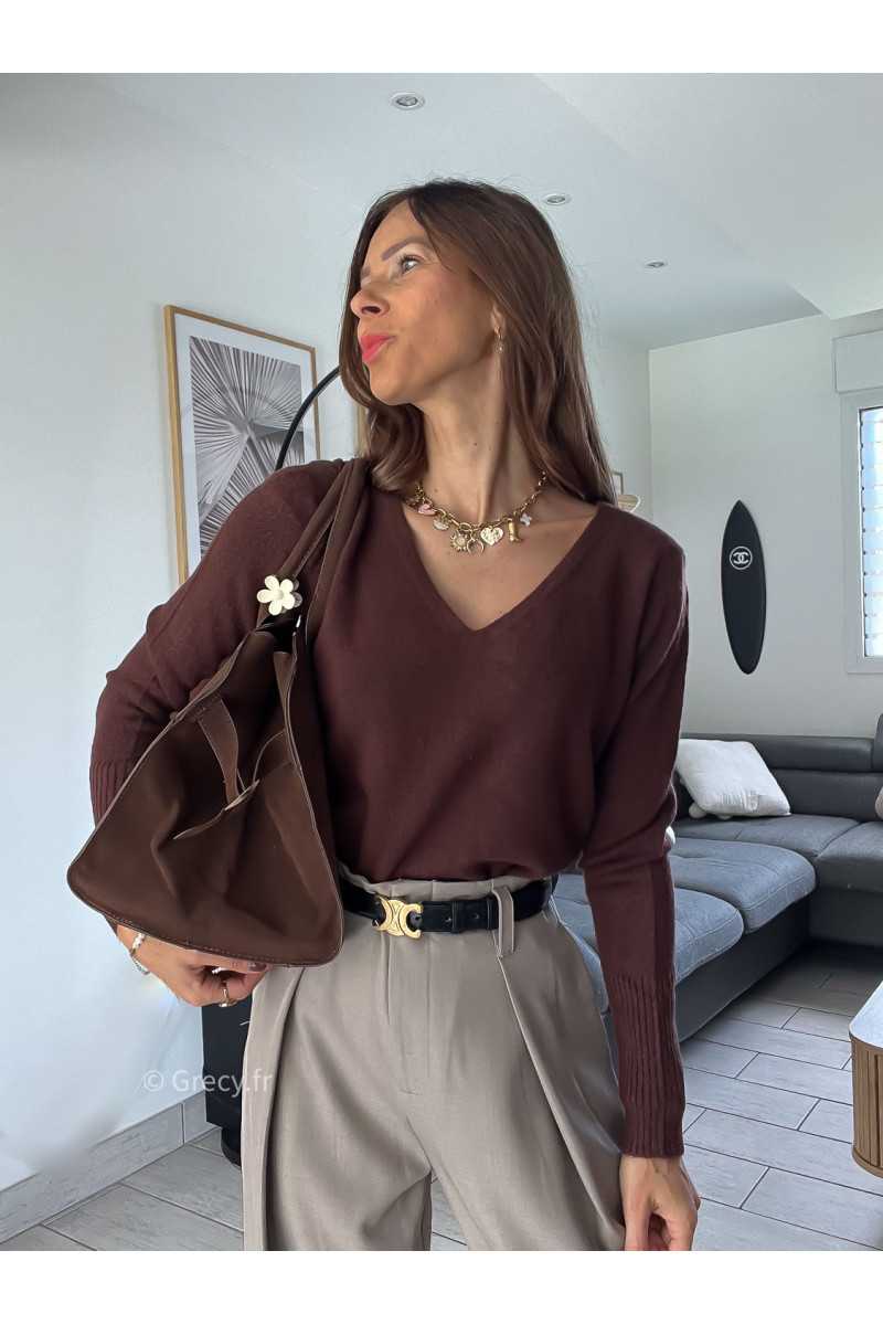 pull col v marron chocolat doux qualité chic grecy mode ootd tenue outfit look automne 2024