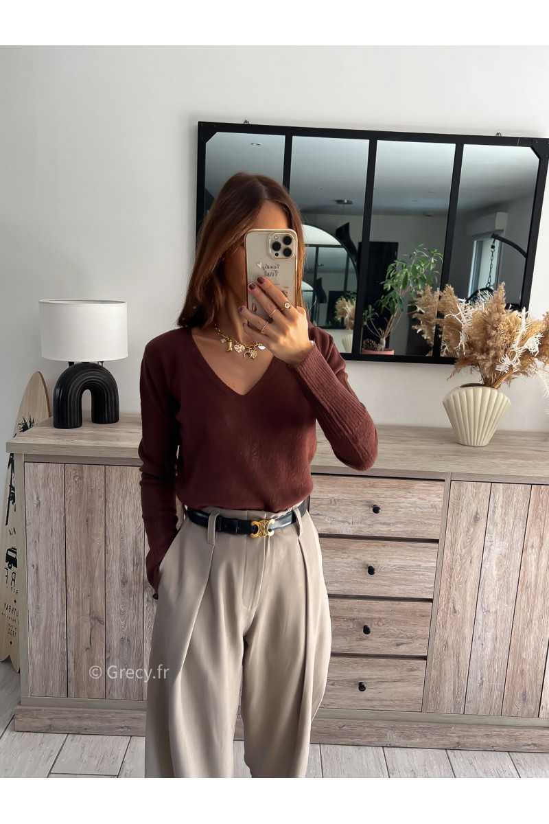 pull col v marron chocolat doux qualité chic grecy mode ootd tenue outfit look automne 2024