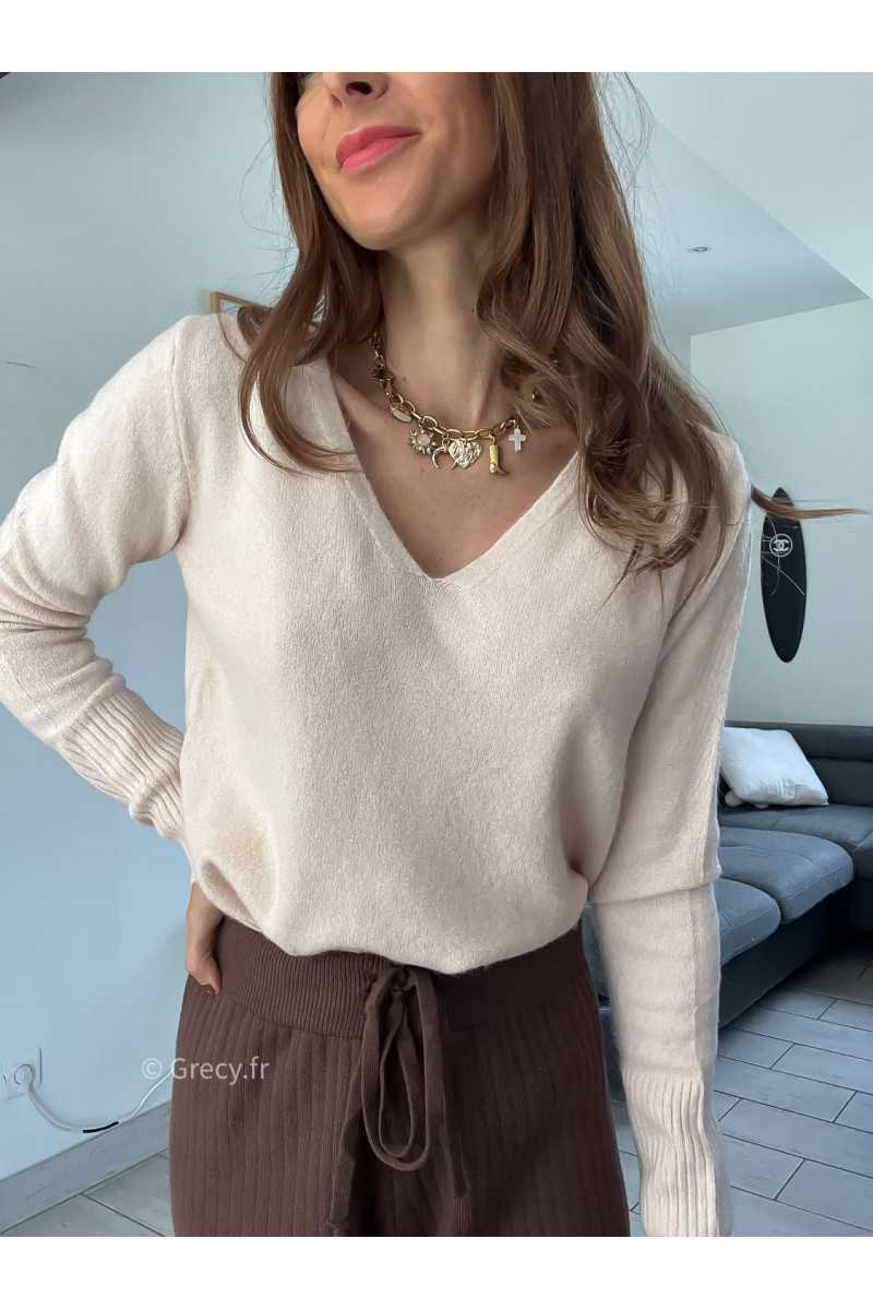 pull col v beige rosé doux qualité chic grecy mode ootd tenue outfit look automne 2024