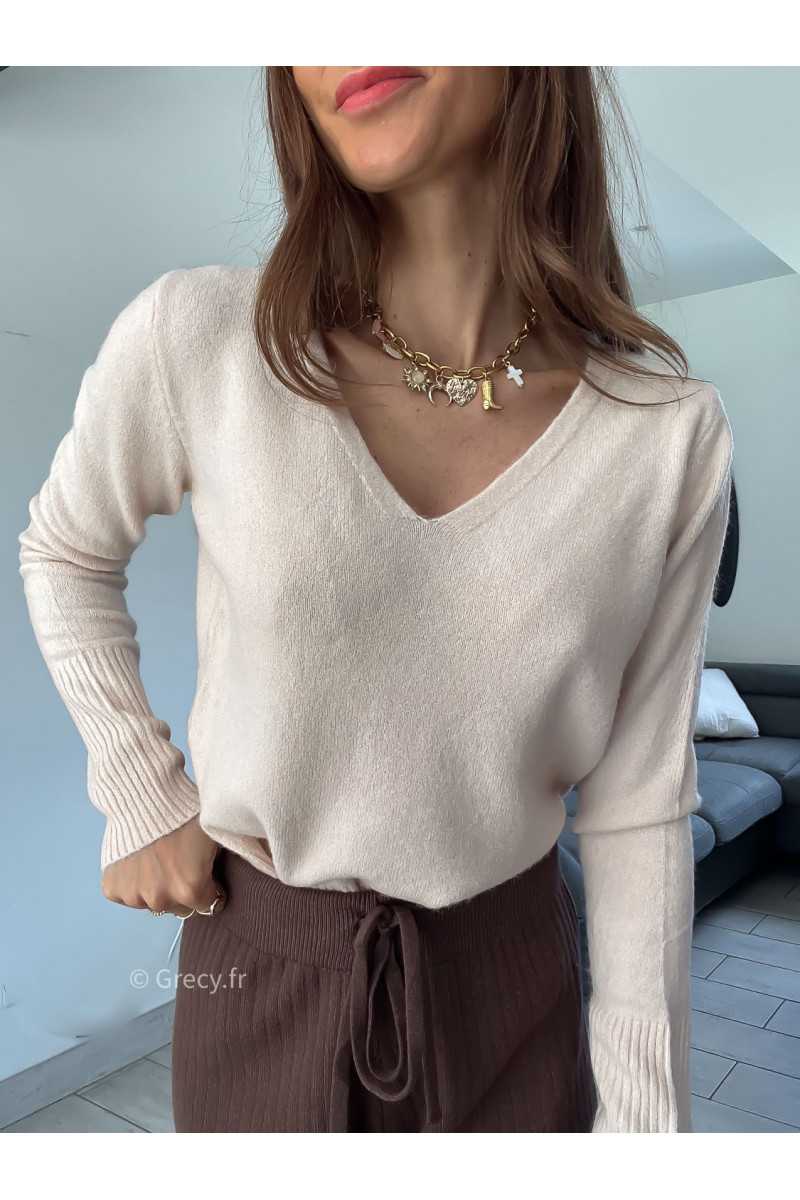 pull col v beige rosé doux qualité chic grecy mode ootd tenue outfit look automne 2024