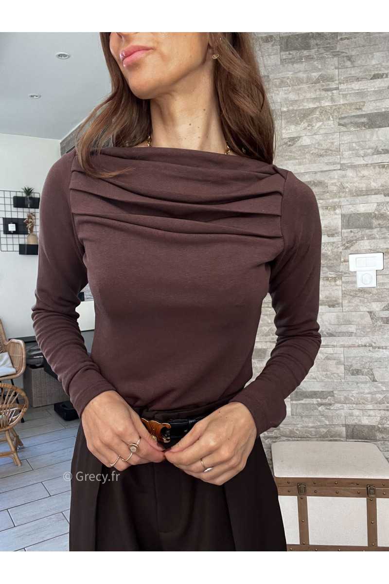 top manches longues pull fin marron chocolat plissé doux qualité chic grecy mode ootd tenue outfit look automne 2024
