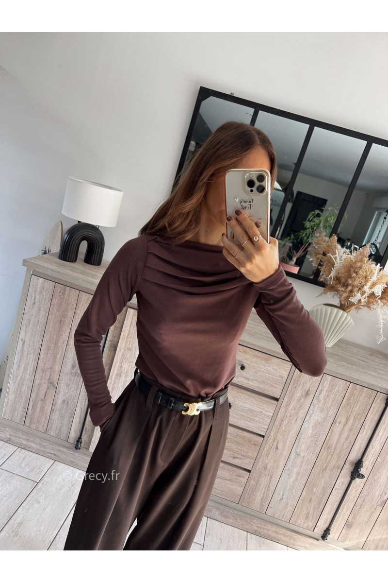 top manches longues pull fin marron chocolat plissé doux qualité chic grecy mode ootd tenue outfit look automne 2024