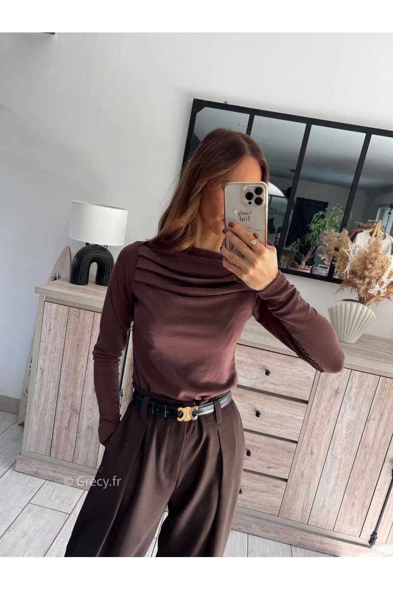 top manches longues pull fin marron chocolat plissé doux qualité chic grecy mode ootd tenue outfit look automne 2024