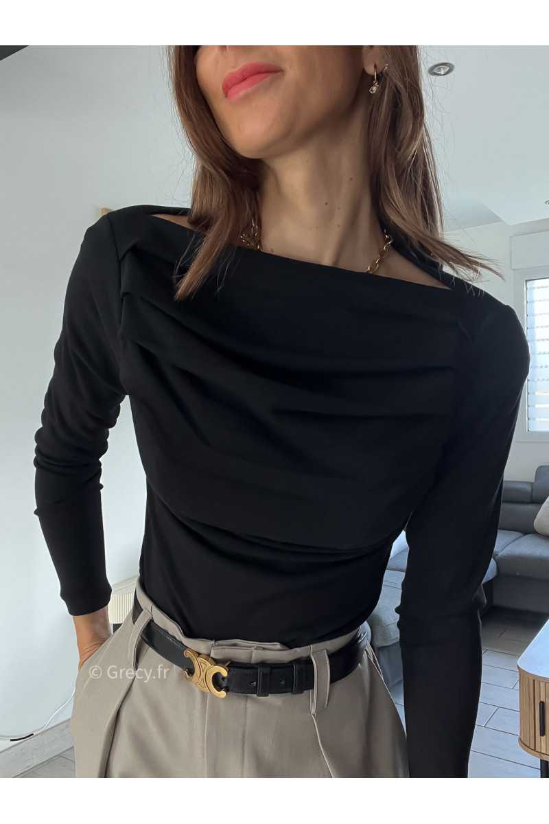top manches longues pull fin noir plissé doux qualité chic grecy mode ootd tenue outfit look automne 2024