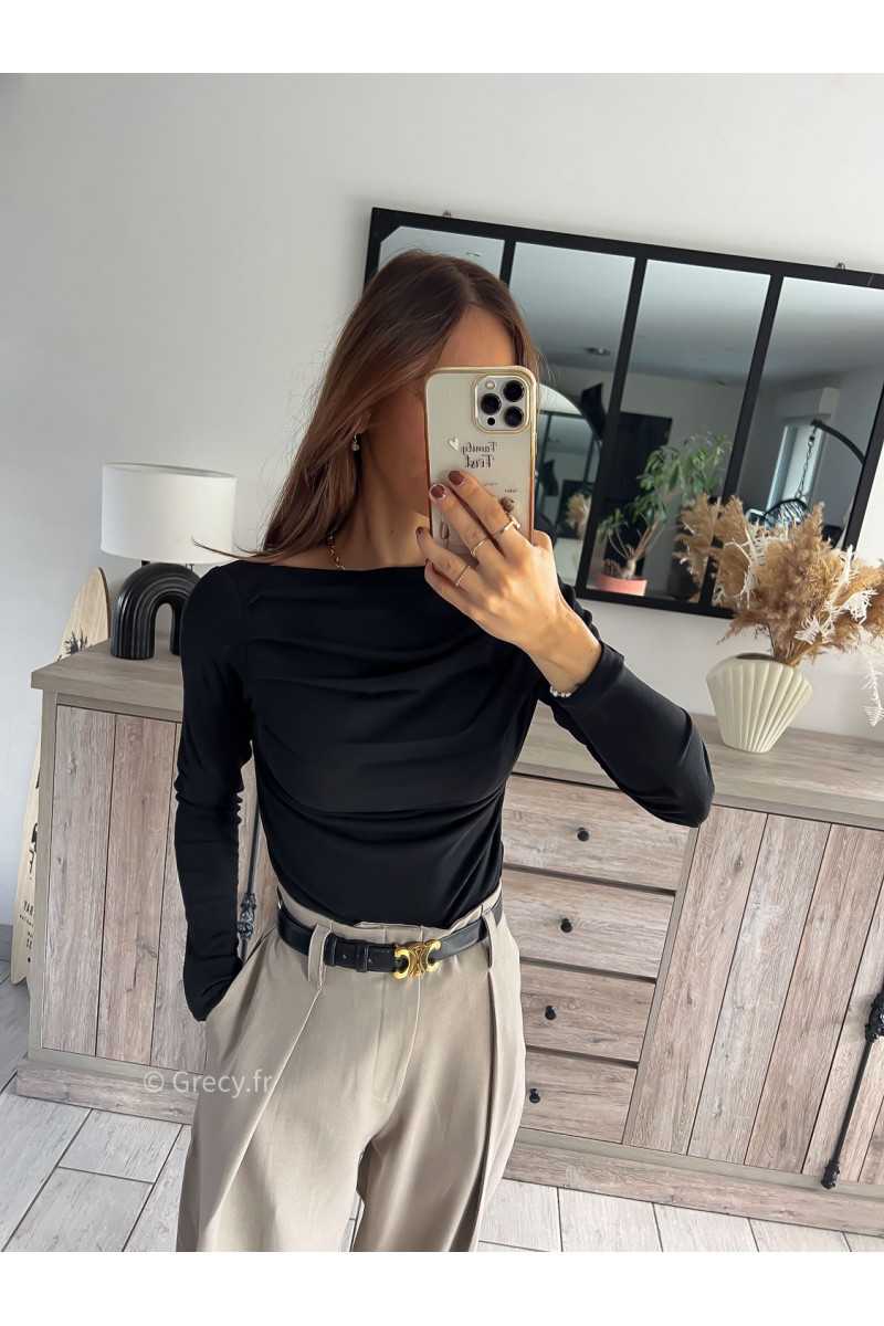 top manches longues pull fin noir plissé doux qualité chic grecy mode ootd tenue outfit look automne 2024
