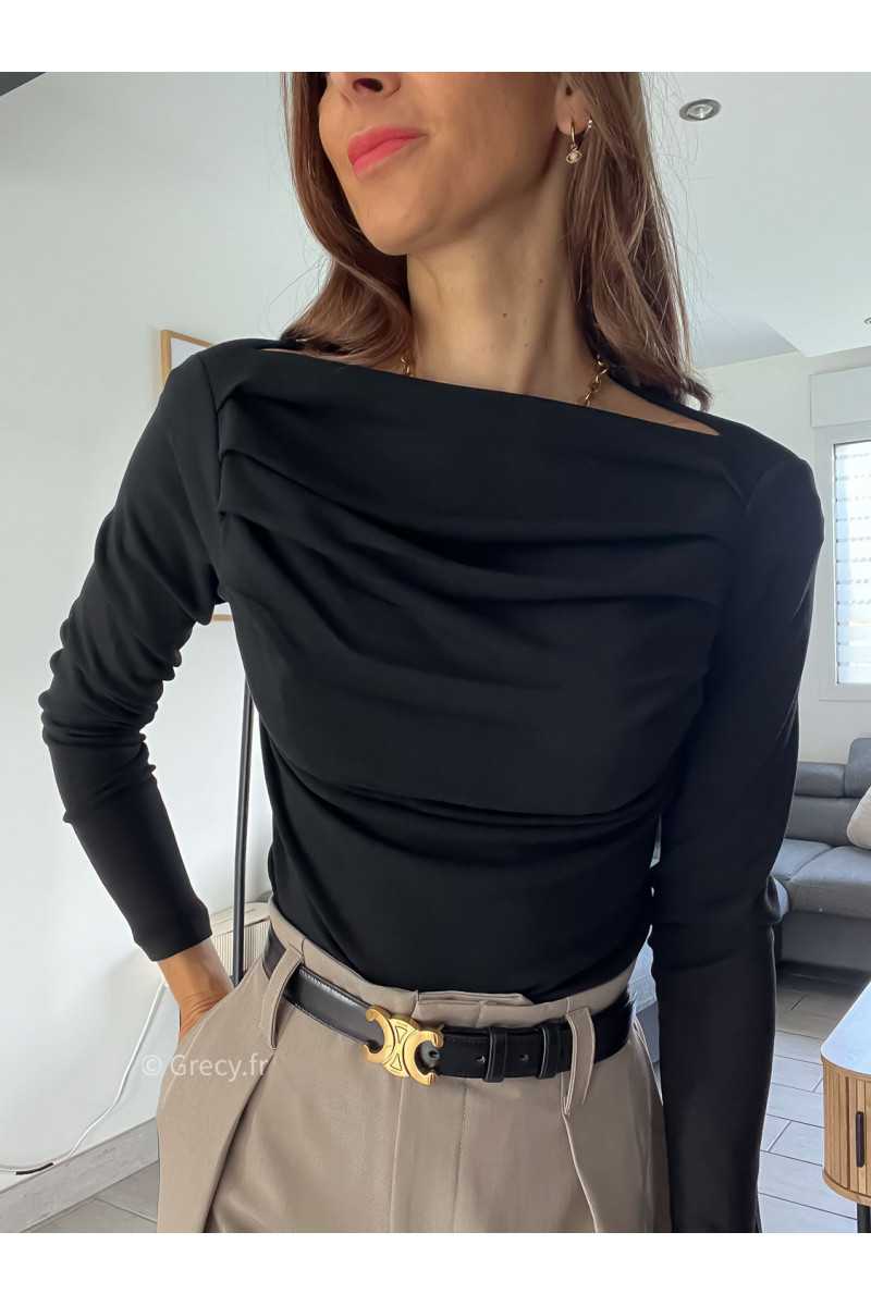 top manches longues pull fin noir plissé doux qualité chic grecy mode ootd tenue outfit look automne 2024