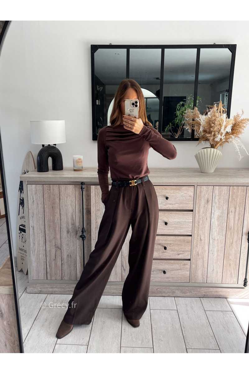 pantalon à pinces marron foncé chocolat beige large à plis qualité chic grecy mode ootd tenue outfit look automne 2024