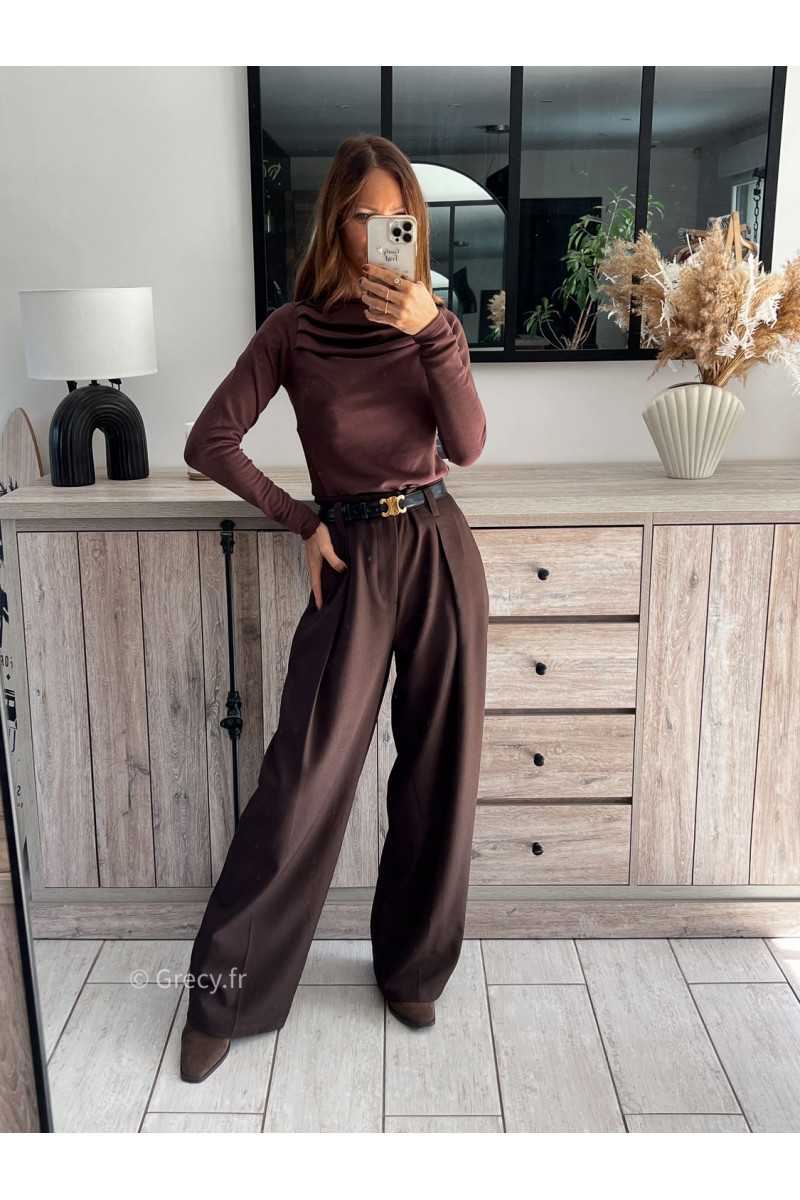 pantalon à pinces marron foncé chocolat beige large à plis qualité chic grecy mode ootd tenue outfit look automne 2024