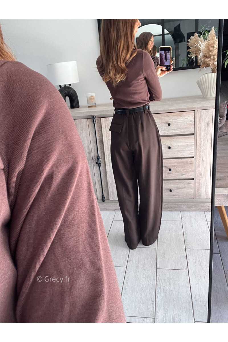 pantalon à pinces marron foncé chocolat beige large à plis qualité chic grecy mode ootd tenue outfit look automne 2024