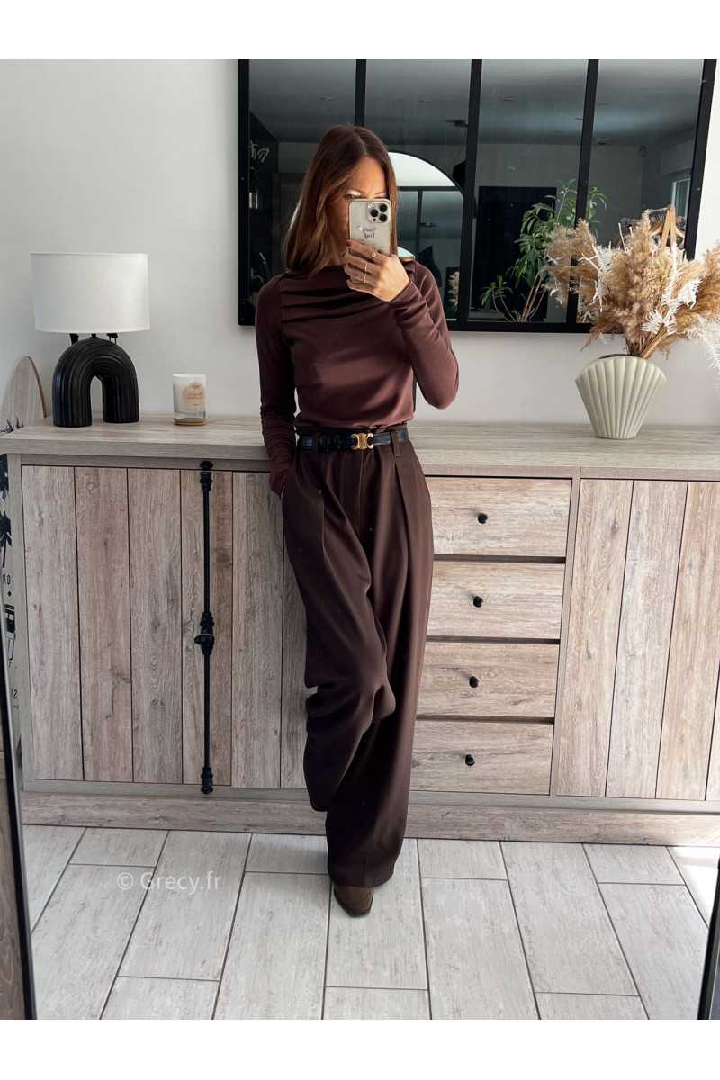 pantalon à pinces marron foncé chocolat beige large à plis qualité chic grecy mode ootd tenue outfit look automne 2024
