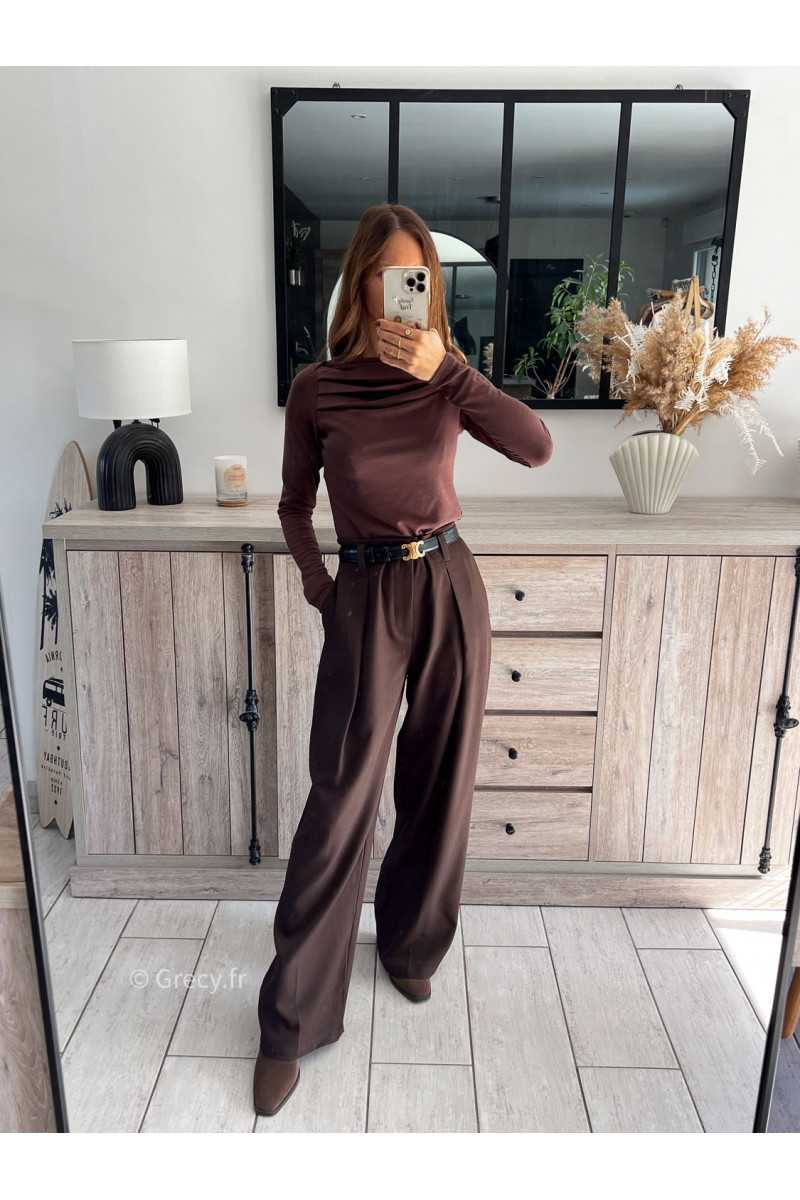 pantalon à pinces marron foncé chocolat beige large à plis qualité chic grecy mode ootd tenue outfit look automne 2024