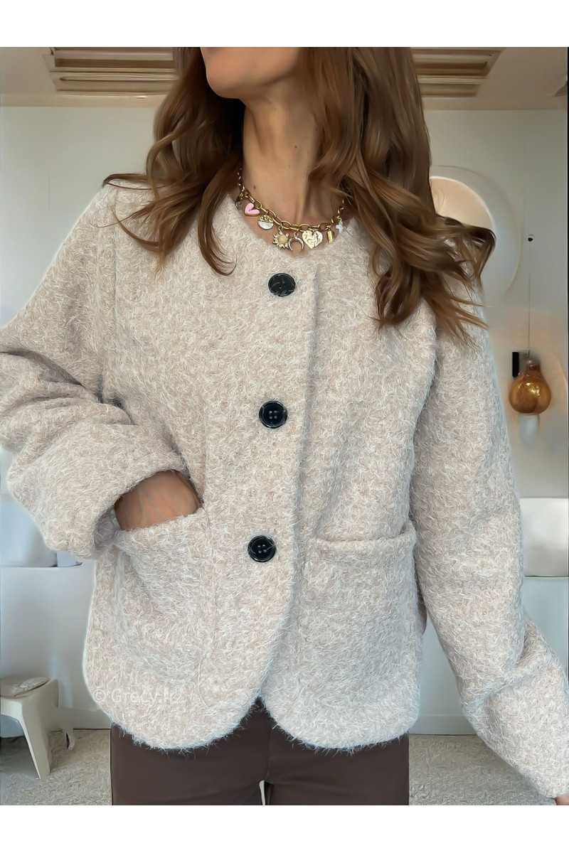 Veste effet laine beige boutonné mode tendance grecy mode outfit look automne hiver