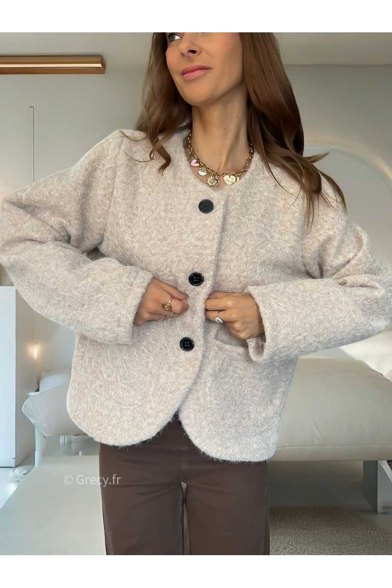 Veste effet laine beige boutonné mode tendance grecy mode outfit look automne hiver