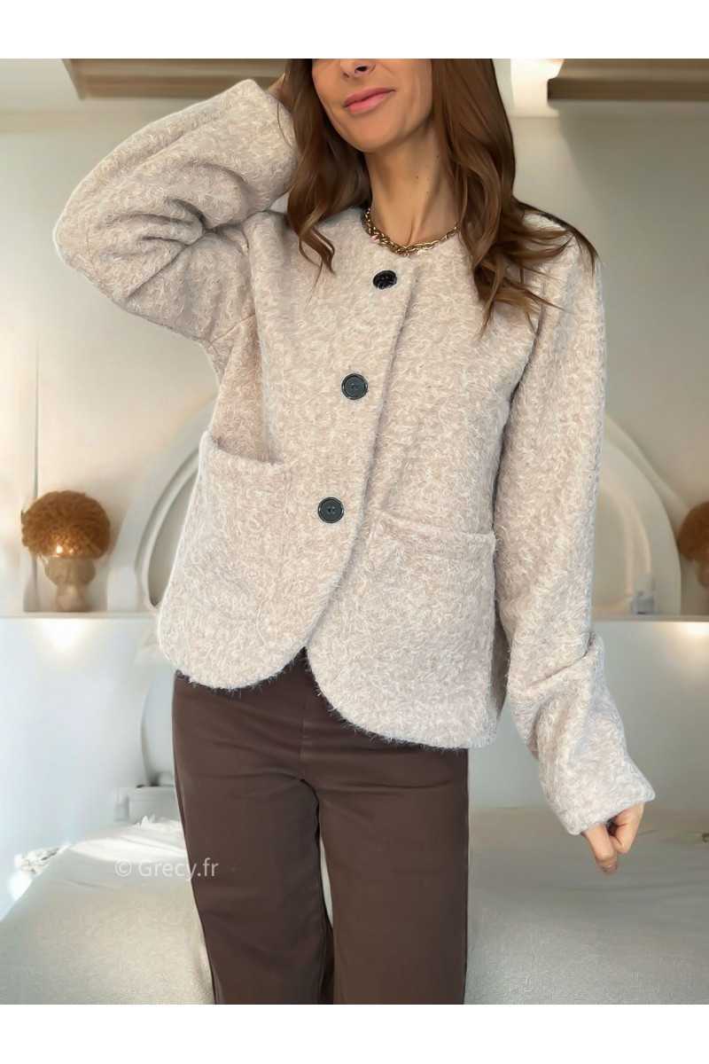 Veste effet laine beige boutonné mode tendance grecy mode outfit look automne hiver