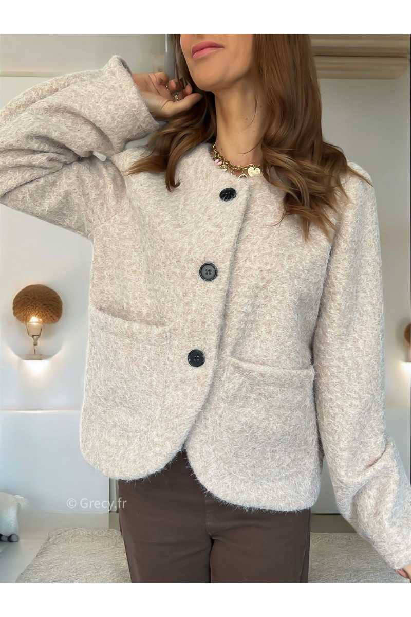 Veste effet laine beige boutonné mode tendance grecy mode outfit look automne hiver