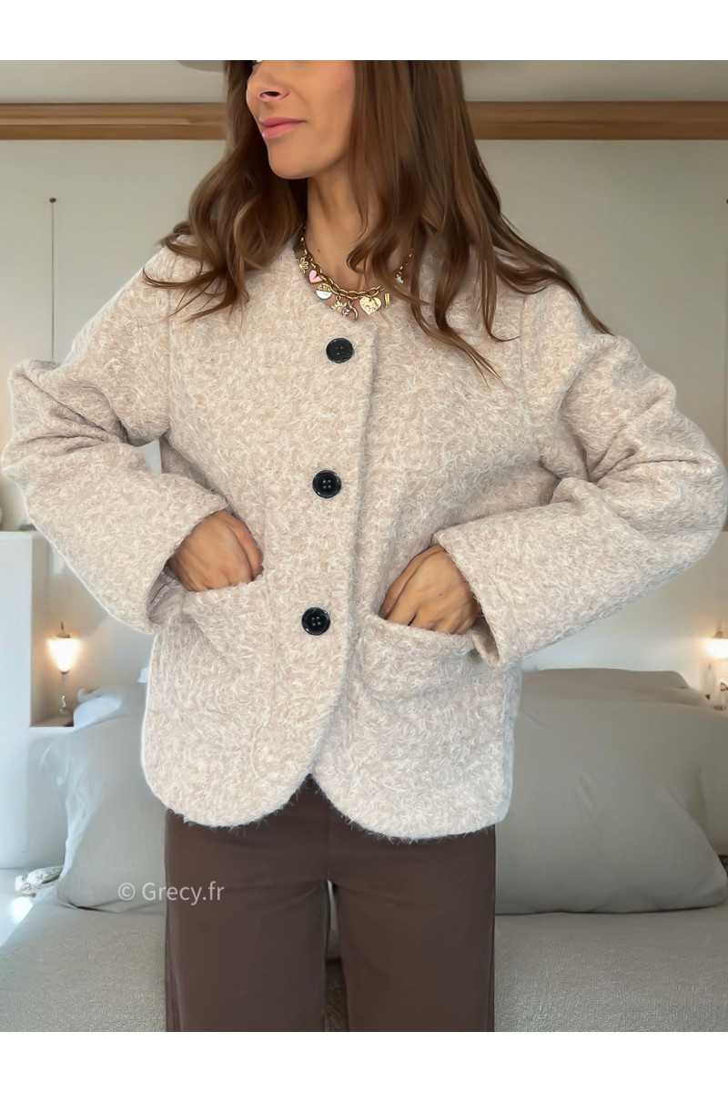 Veste effet laine beige boutonné mode tendance grecy mode outfit look automne hiver