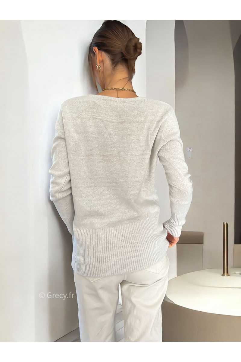 Pull beige col V basique automne hiver mode grecy tendance look